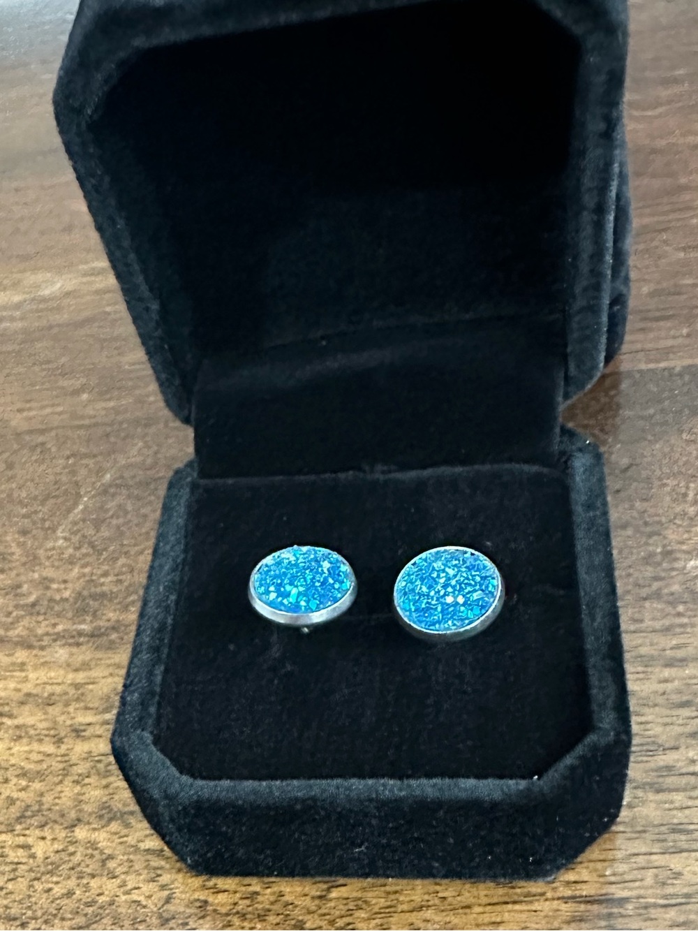 Authentic Crystal Blue Druzy Round Stud Earrings - Women's Jewelry- Silver